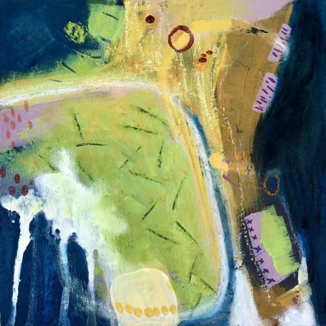 mixed media abstract landscape acrylic painting green pink white blue by Chrissie Richards