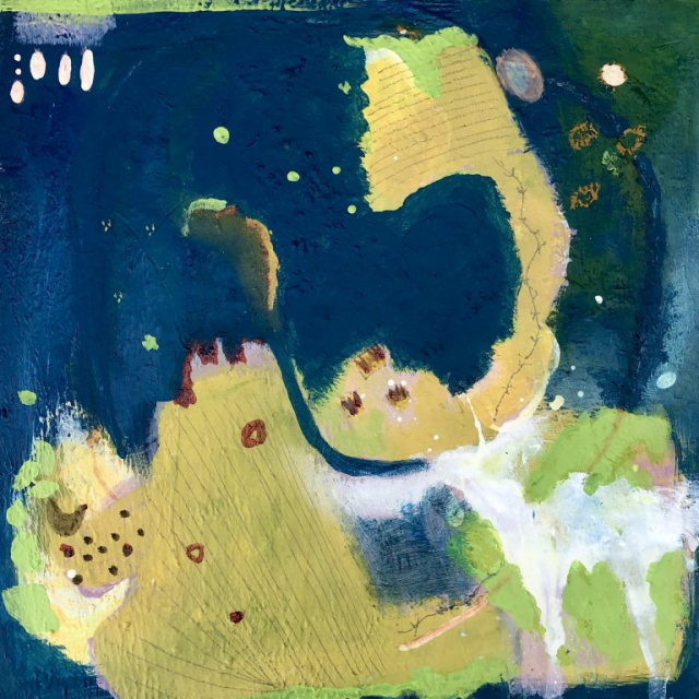 mixed media abstract landscape acrylic painting yellow green white blue by Chrissie Richards