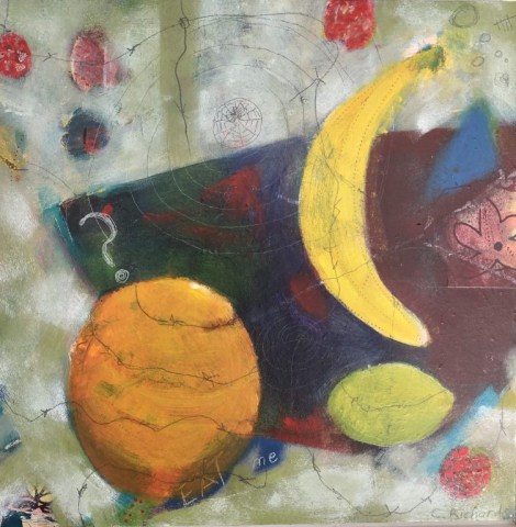 abstract mixed media painting of orange banana lemon berries on board Chrissie Richards