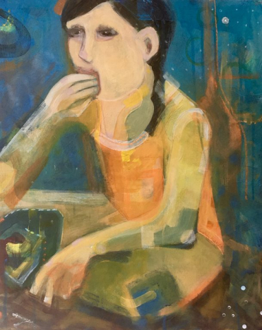 abstract figure young girl in yellow with dark hair on blue orange background by Chrissie Richards