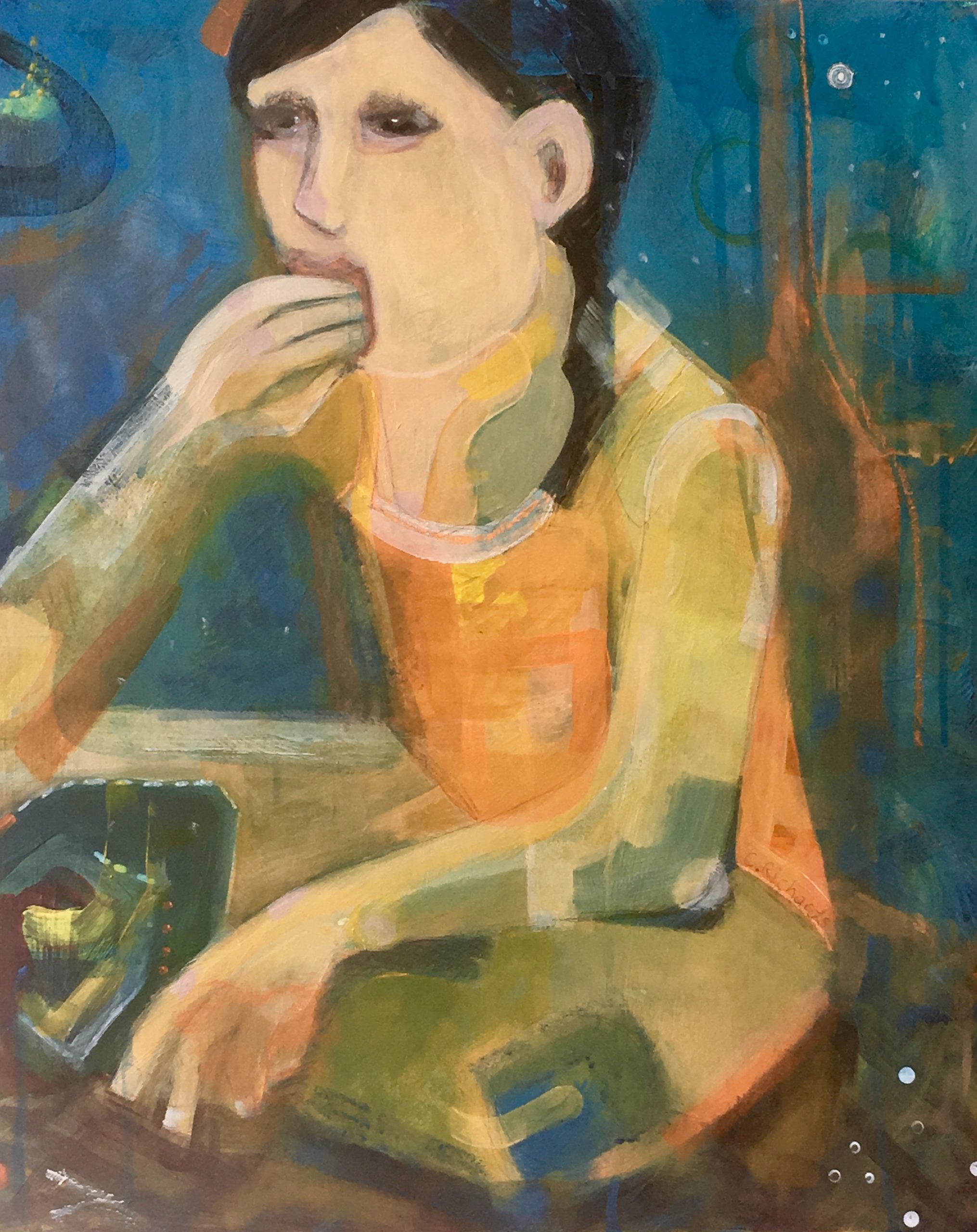 abstract figure young girl in yellow with dark hair on blue orange background by Chrissie Richards