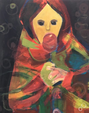 abstract figurative painting of girl in red coat eating toffee apple on dark background by Chrissie Richards
