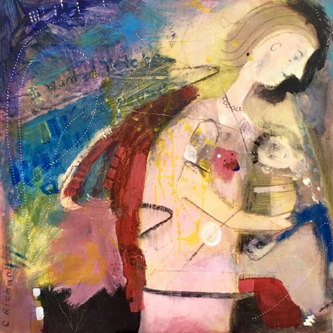 mother and child mixed media painting on board in a white wooden frame by Chrissie Richards