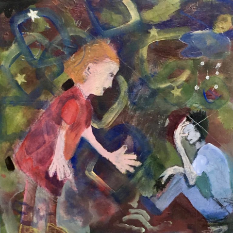 women asking boy to Take my hand - mixed media painting on board in a white wooden frame by Chrissie Richards
