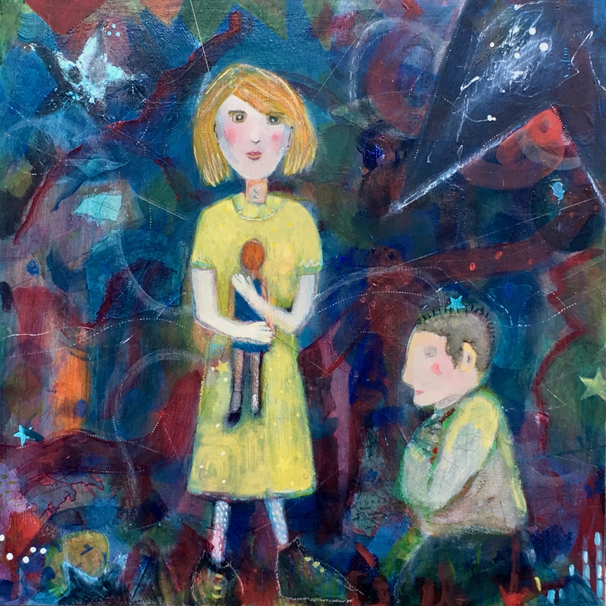 mixed media painting of girl and man holding a child by Chrissie Richards abstract figurative