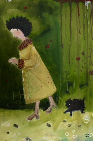 abstract figurative painting lady in yellow coat walking her dog by Chrissie Richards