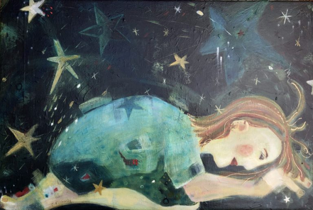 richly coloured and textured abstract figurative painting of woman and stars by Chrissie Richards