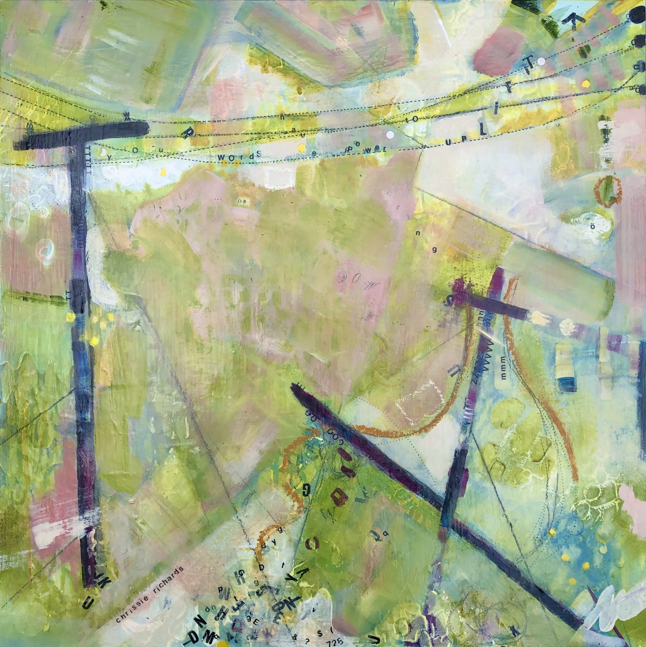 abstract landscape of fields and telegraph poles using mixed media with Letraset by Chrissie Richards