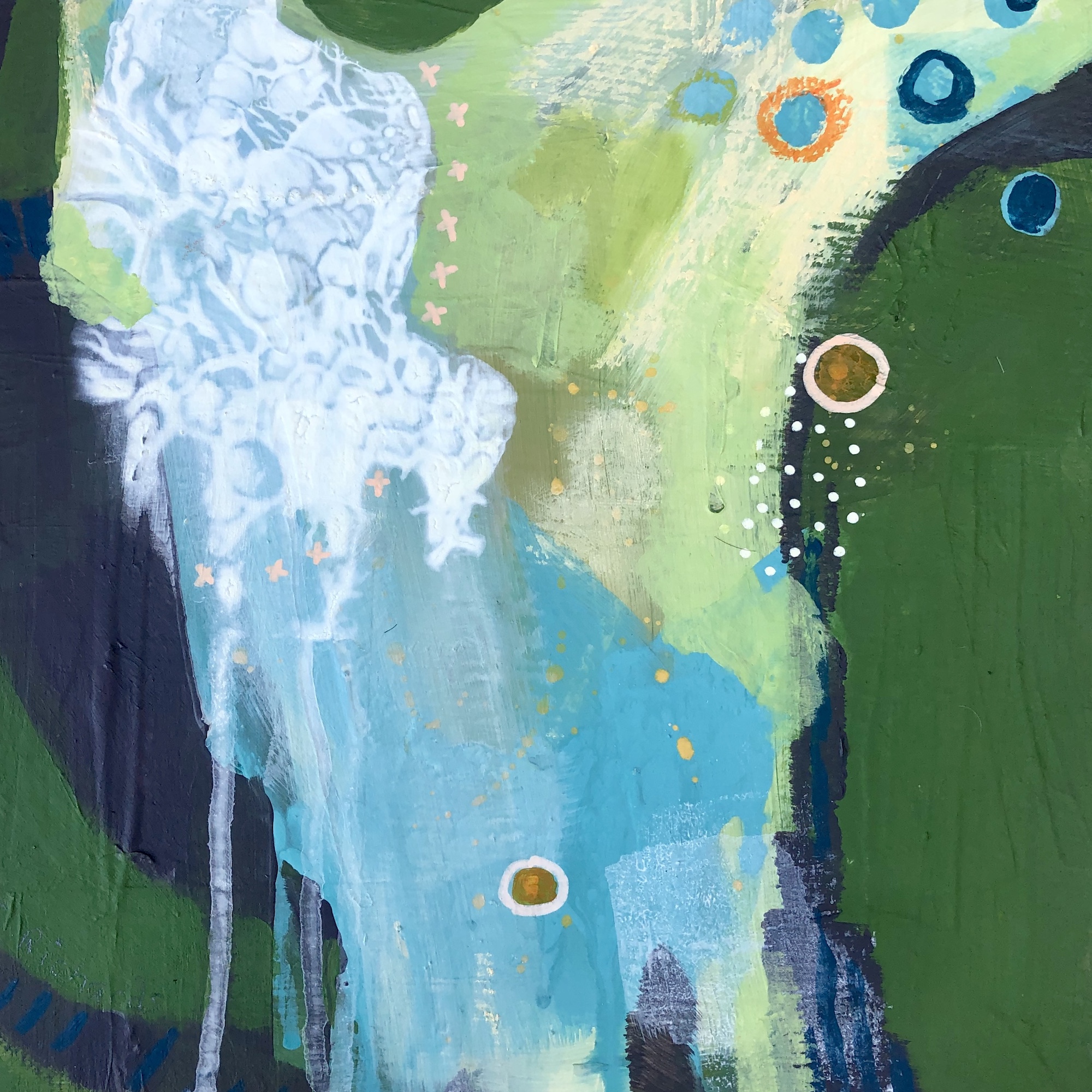 mixed media abstract landscape acrylic painting green white blue by Chrissie Richards