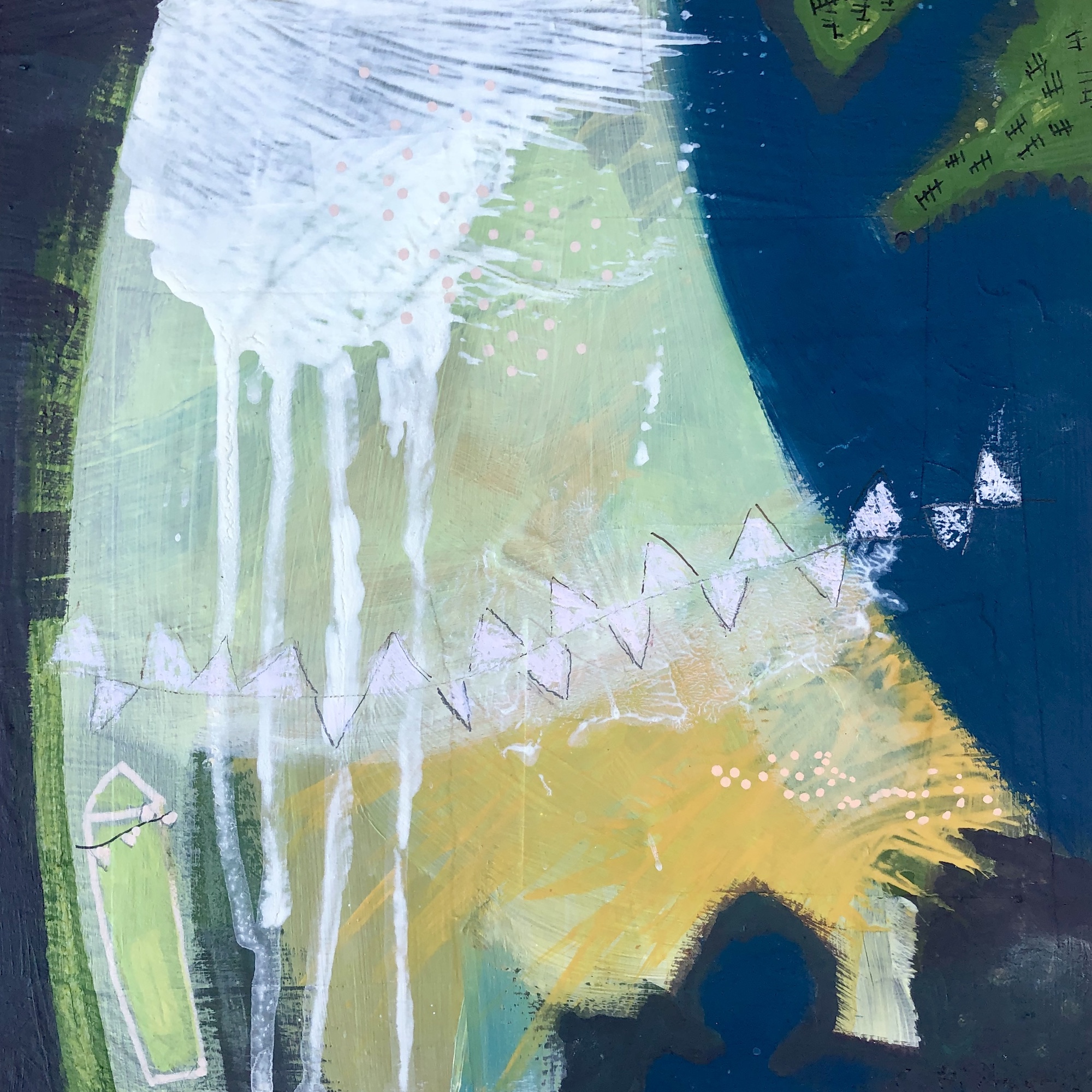 mixed media abstract landscape acrylic painting green yellow white blue by Chrissie Richards