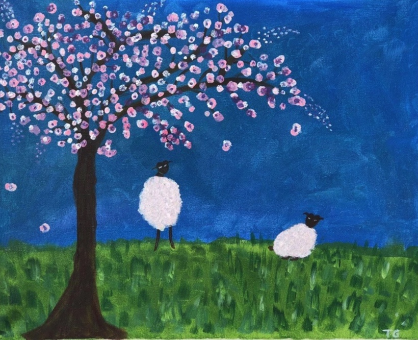 student painting of sheep under tree from online art class Chrissie Richards