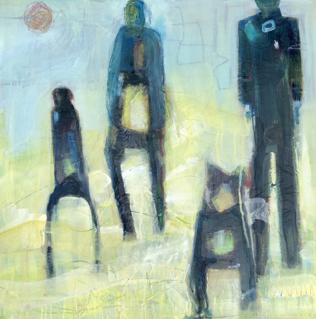 Walking the dogs on Southwold Beach - 50 x 50 cm - Mixed Media on Board in White Wood Box Frame  - Chrissie Richards