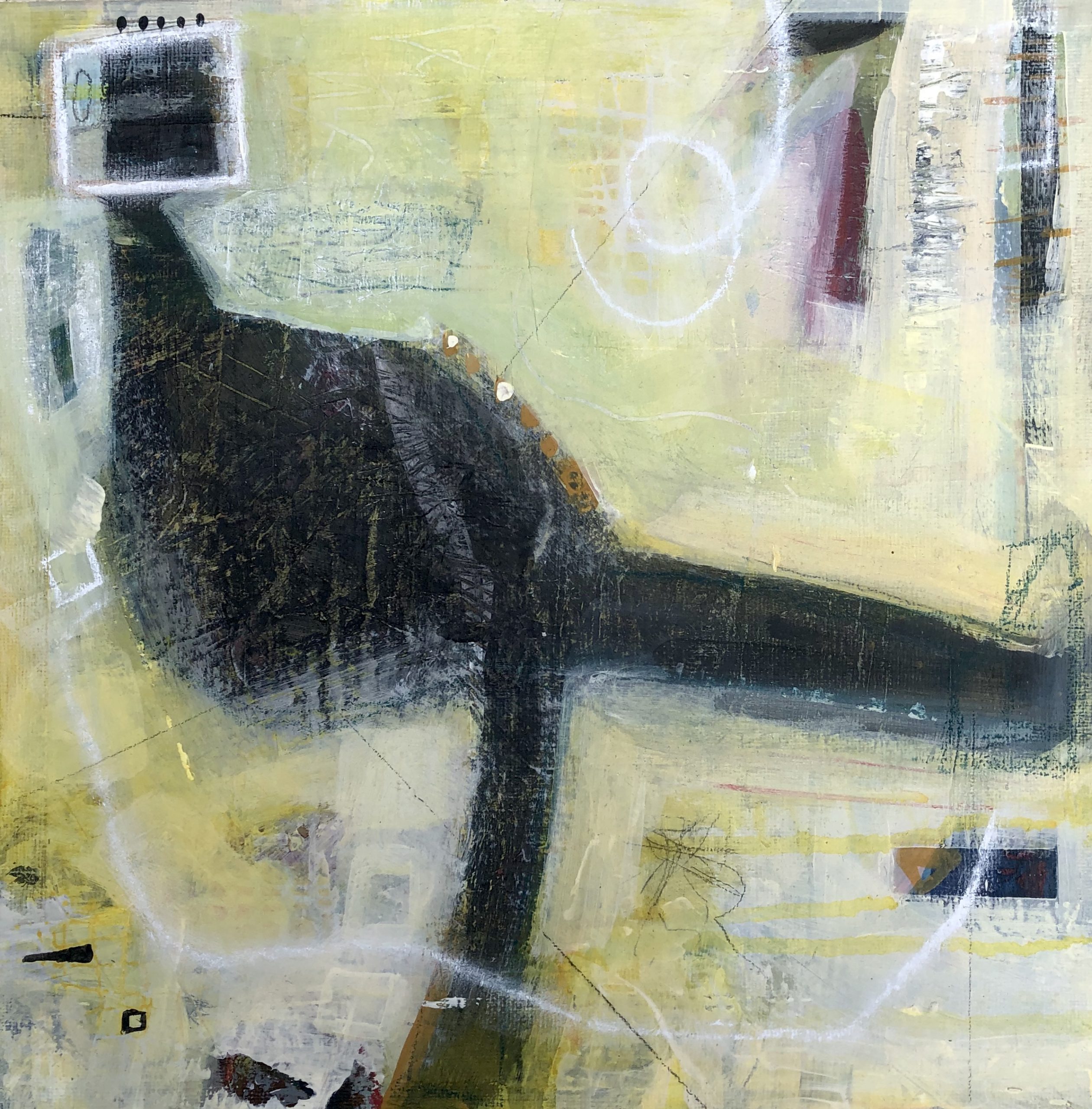 - painting by Chrissie Richards mixed media on board the skater yellow and black