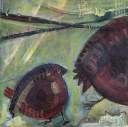 painting by Chrissie Richards of red partridge on green background Partridge I - 30 x 30 cm - Mixed Media on Board - £240