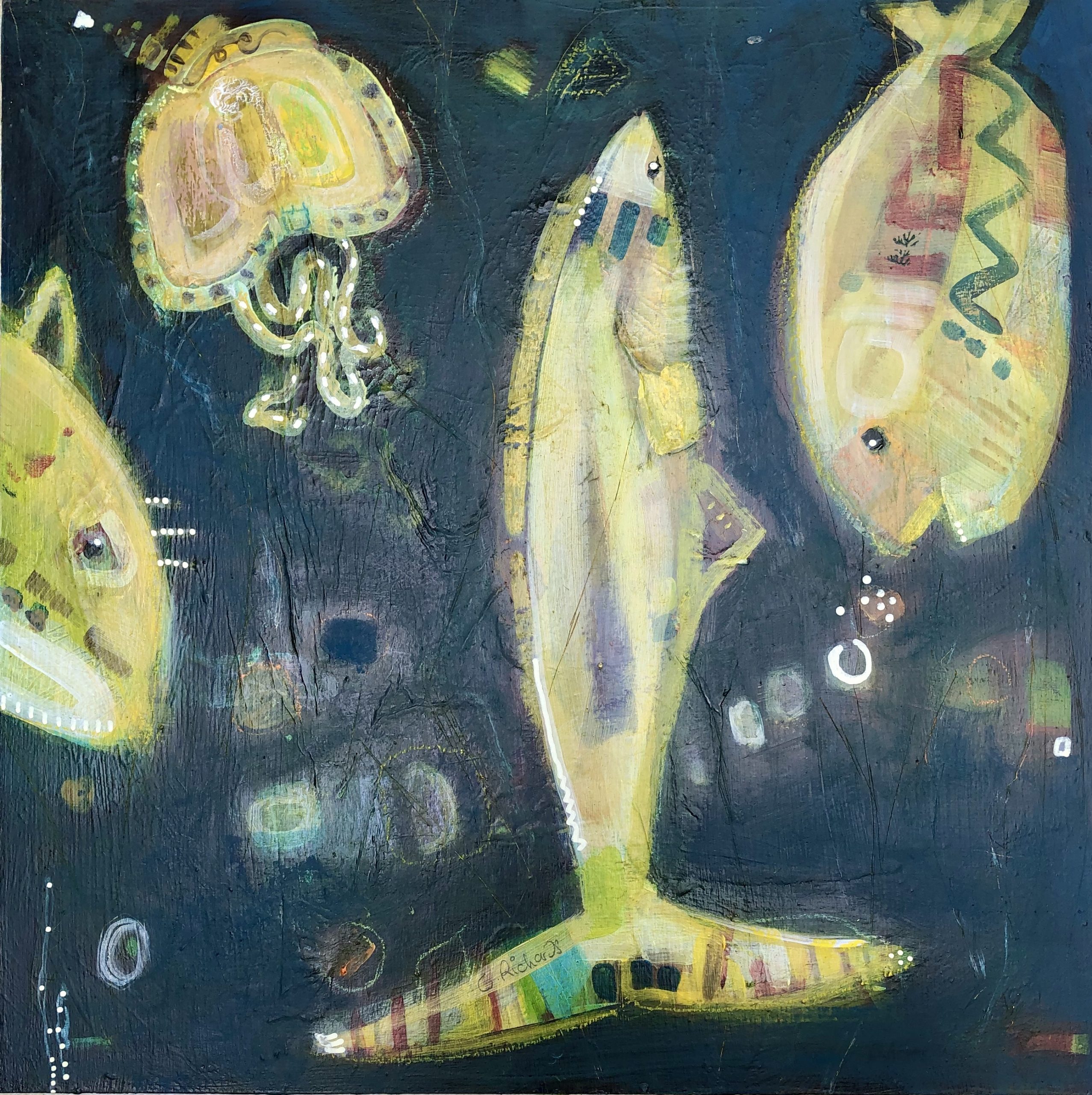 painting fish in sea abstract by Chrissie Richards The North Sea II - 40 x 40 cm - Mixed Media on Board