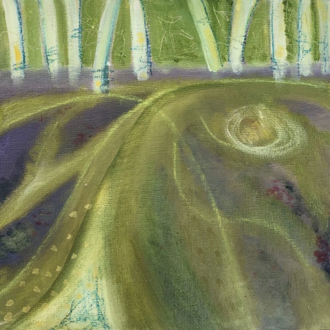Through the Woods I - 20 x 20 cm - Oil painting for sale green purple and white by chrissie richards