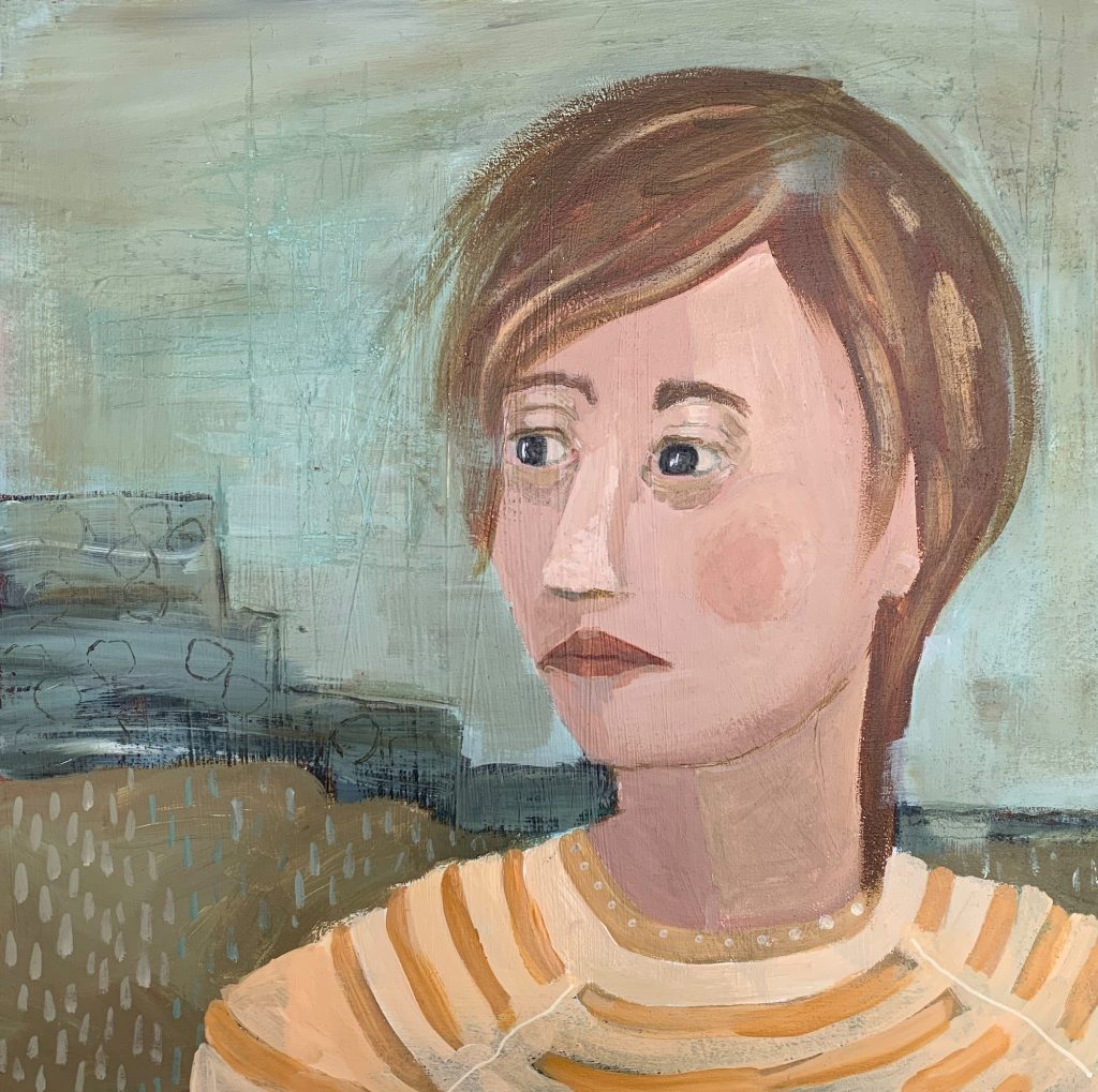 Painting of girl in yellow striped top by Chrissie Richards
