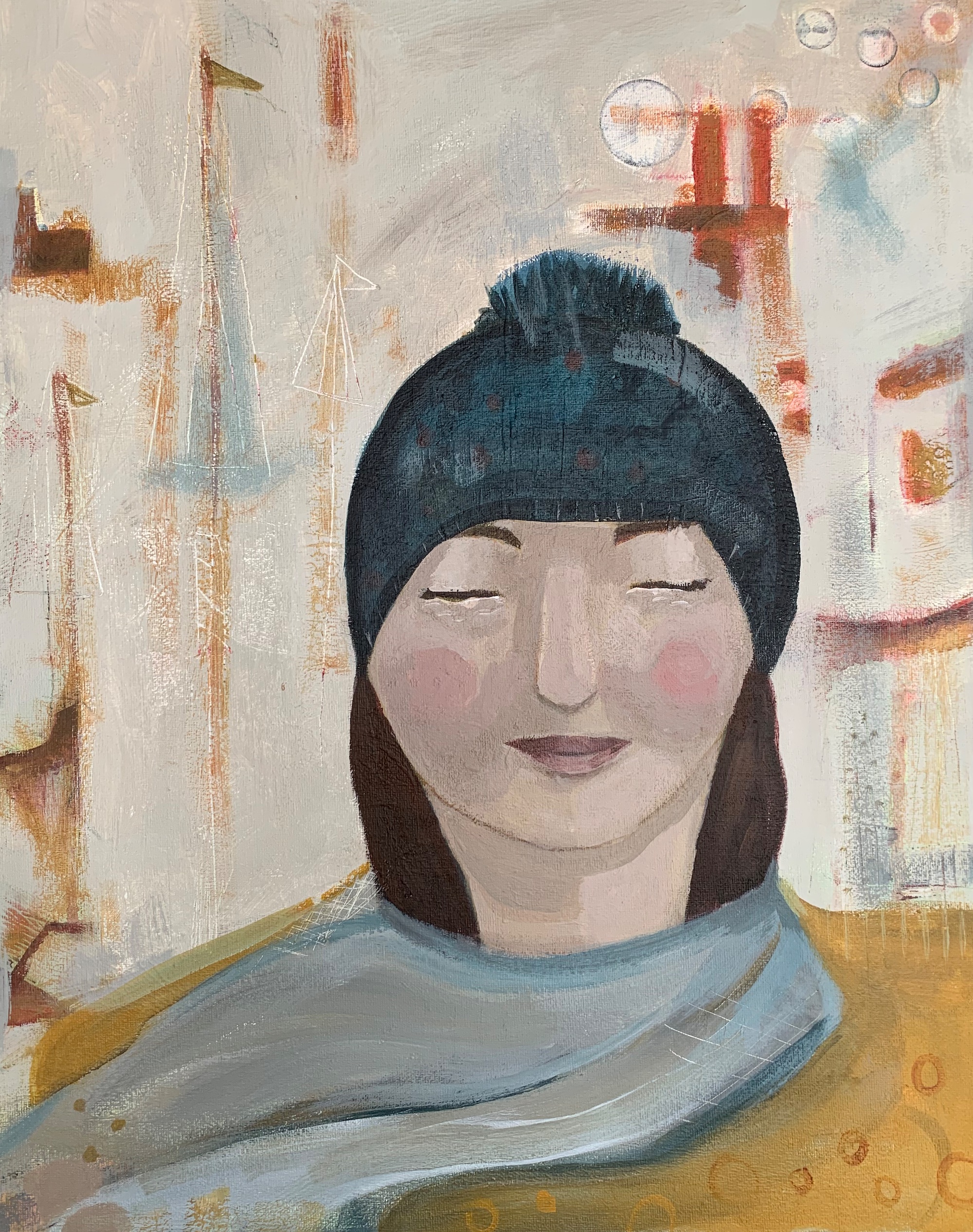 painting of girl in bobble hat by Chrissie Richards