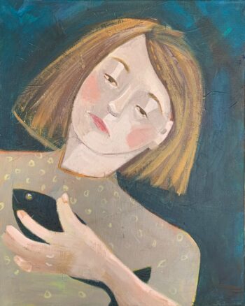 Painting of girl holding fish by Chrissie Richards