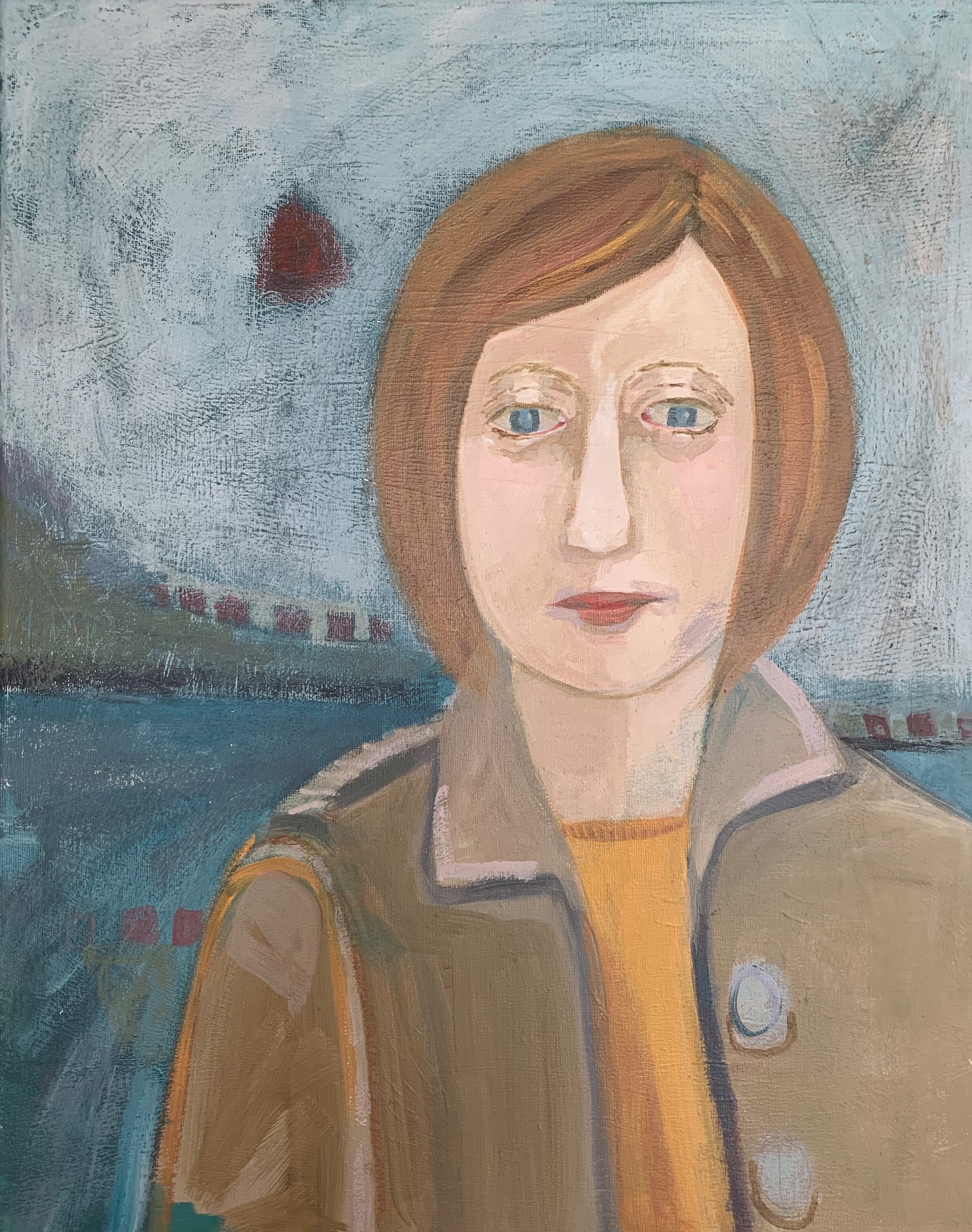 painting of girl in yellow coat by Chrissie Richards
