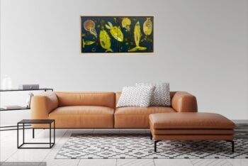 painting of fish under the North Sea in yellows green and brown by Chrissie Richards