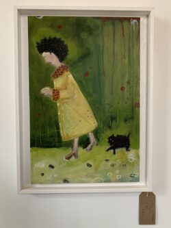 Lady in Yellow Coat mixed media on board