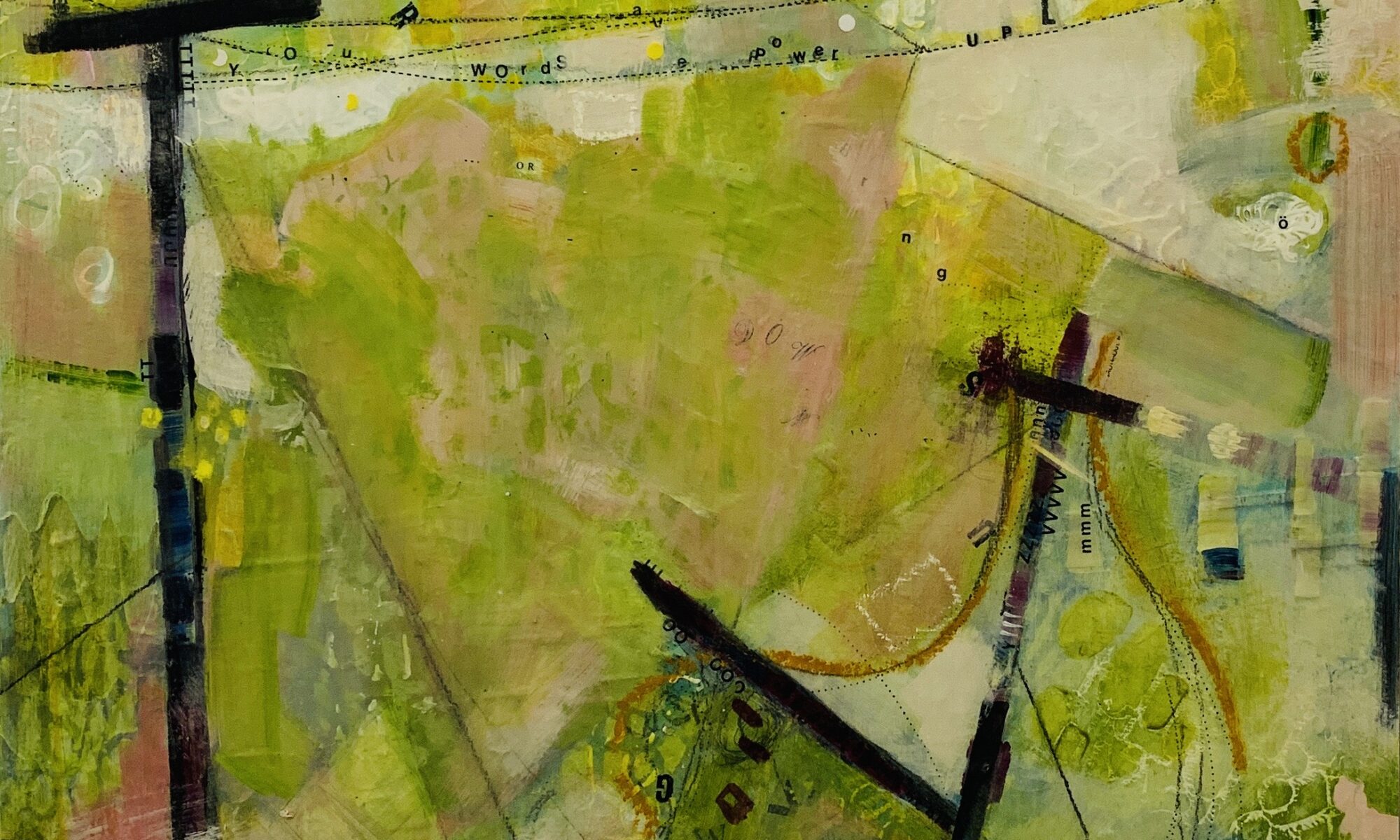 mixed media painting with letraset of telegraph poles Chrissie Richards