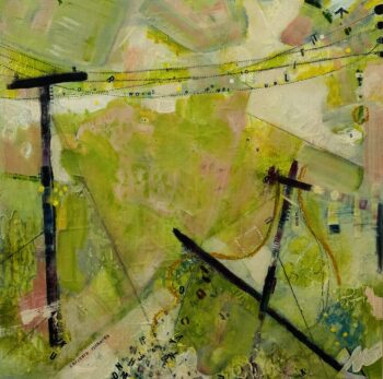 mixed media painting with letraset of telegraph poles Chrissie Richards
