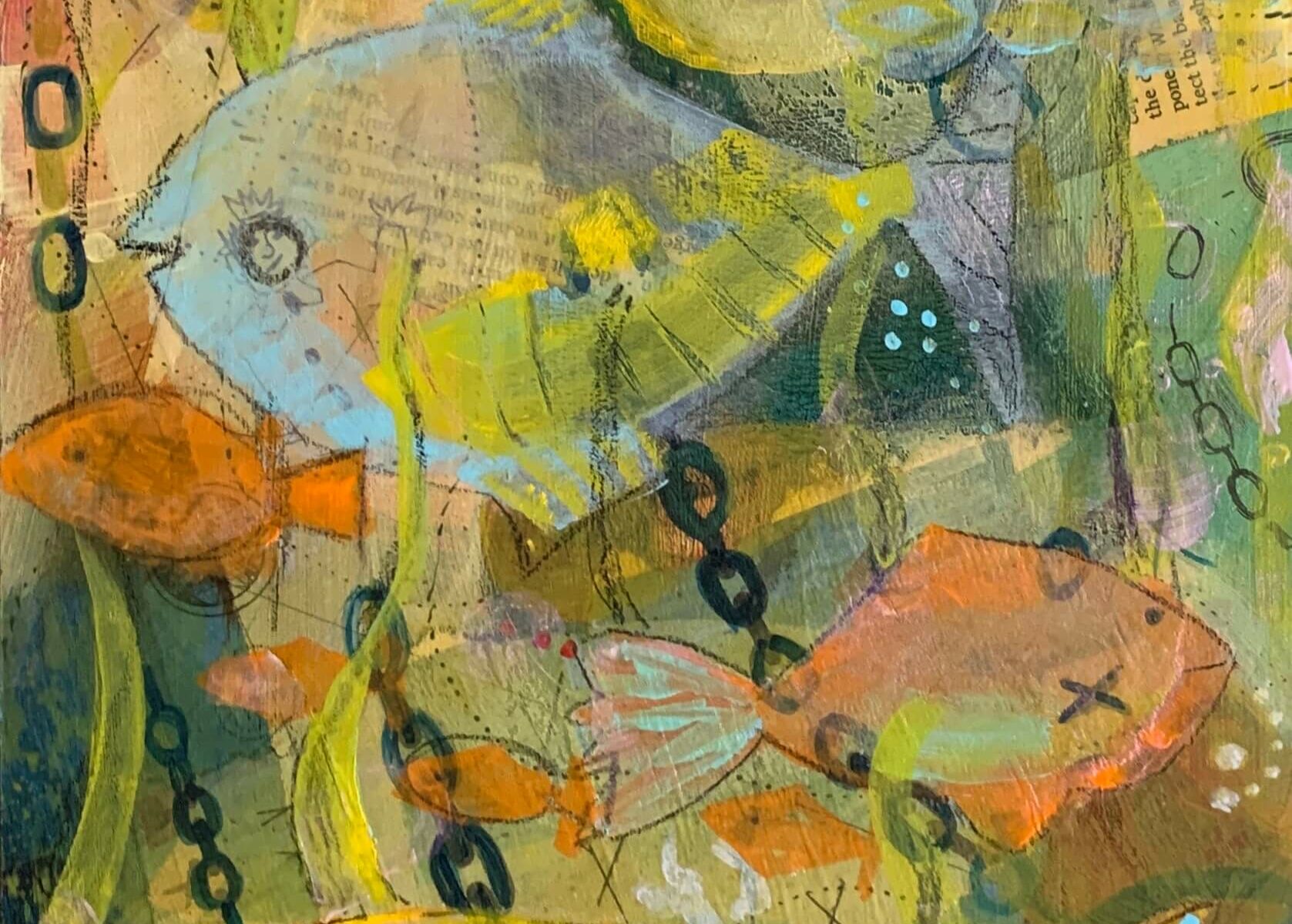 Painting of fish in yellow orange and blues