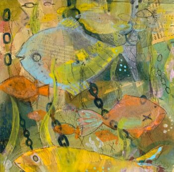Painting of fish in yellow orange and blues
