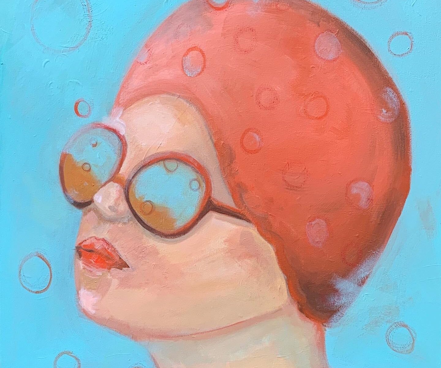 vintage swimmer in a red hat, red and blue painting