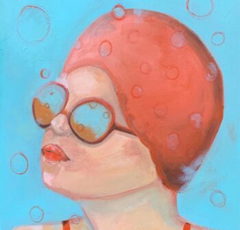 vintage swimmer in a red hat, red and blue painting