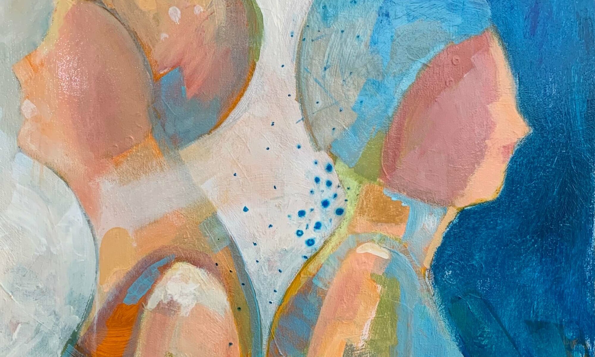 painting of two swimmers in bathing hats in blue and orange
