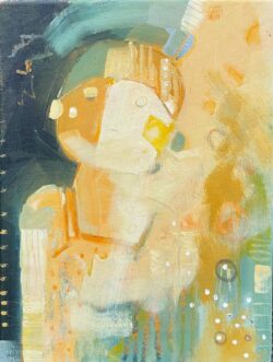 Dreamy abstract painting of figure in blue and orange