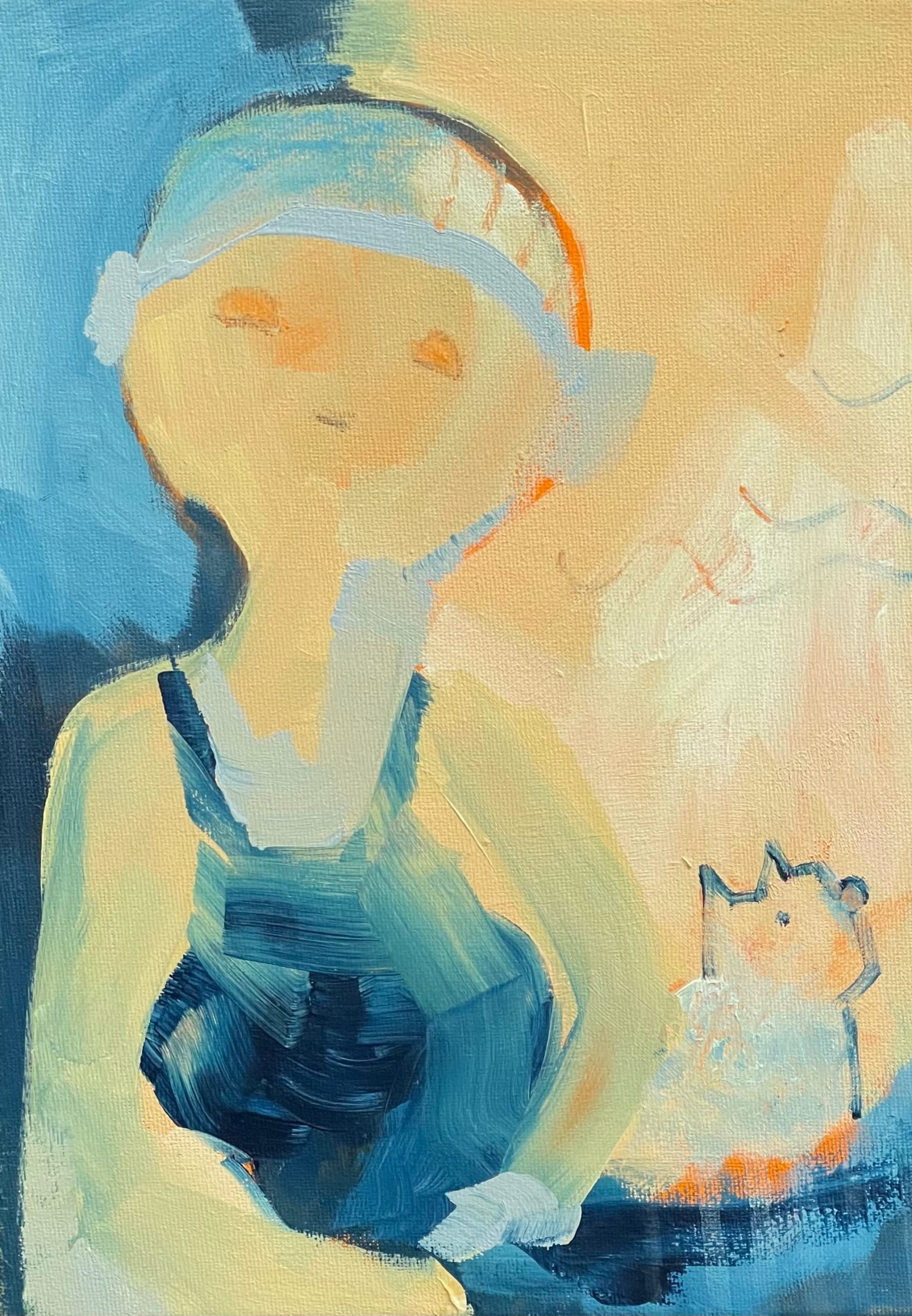 painting of figure and dog at the beach in blue and orange