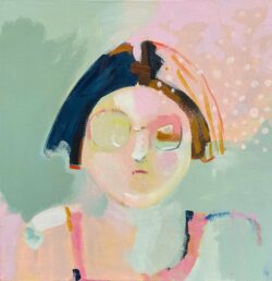 Painting of abstract swimmer in pink and teal