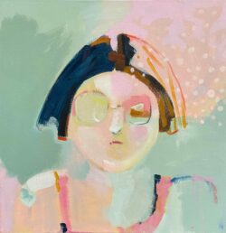 Painting of abstract swimmer in pink and teal