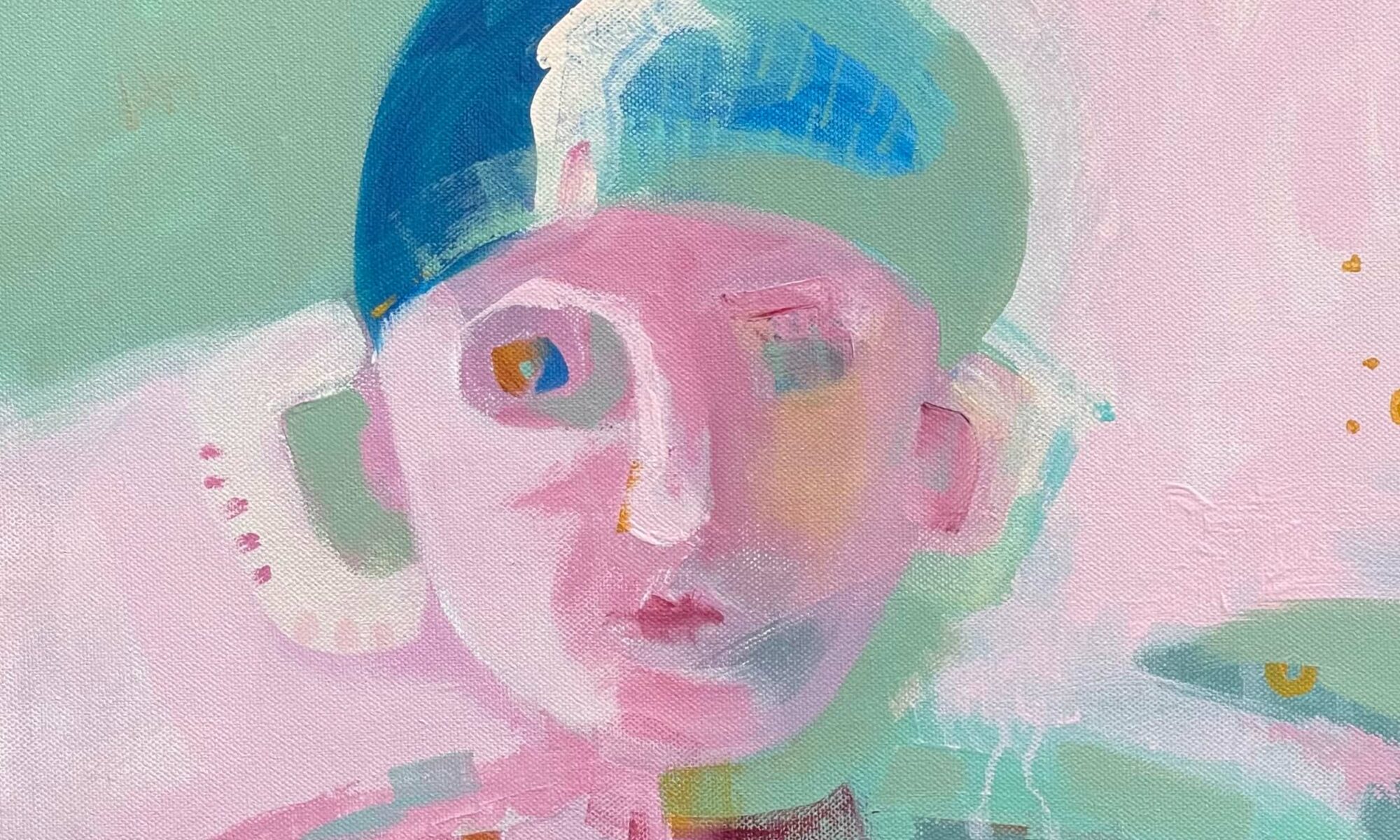 painting of swimmer in blue bathing cap in a striped jumper in shades of pink and teal green.