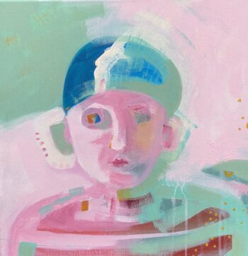 painting of swimmer in blue bathing cap in a striped jumper in shades of pink and teal green.