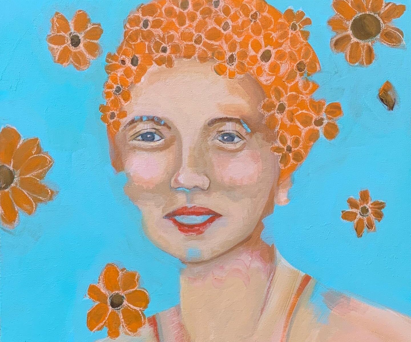 Painting of vintage swimmer in flowery swimming hat in orange and blue