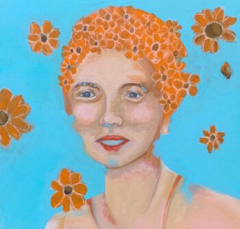 Painting of vintage swimmer in flowery swimming hat in orange and blue