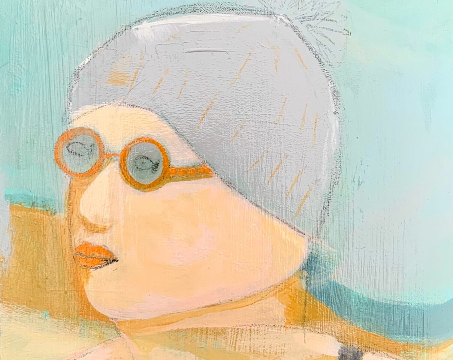 quirky swimmer in grey bobble hat