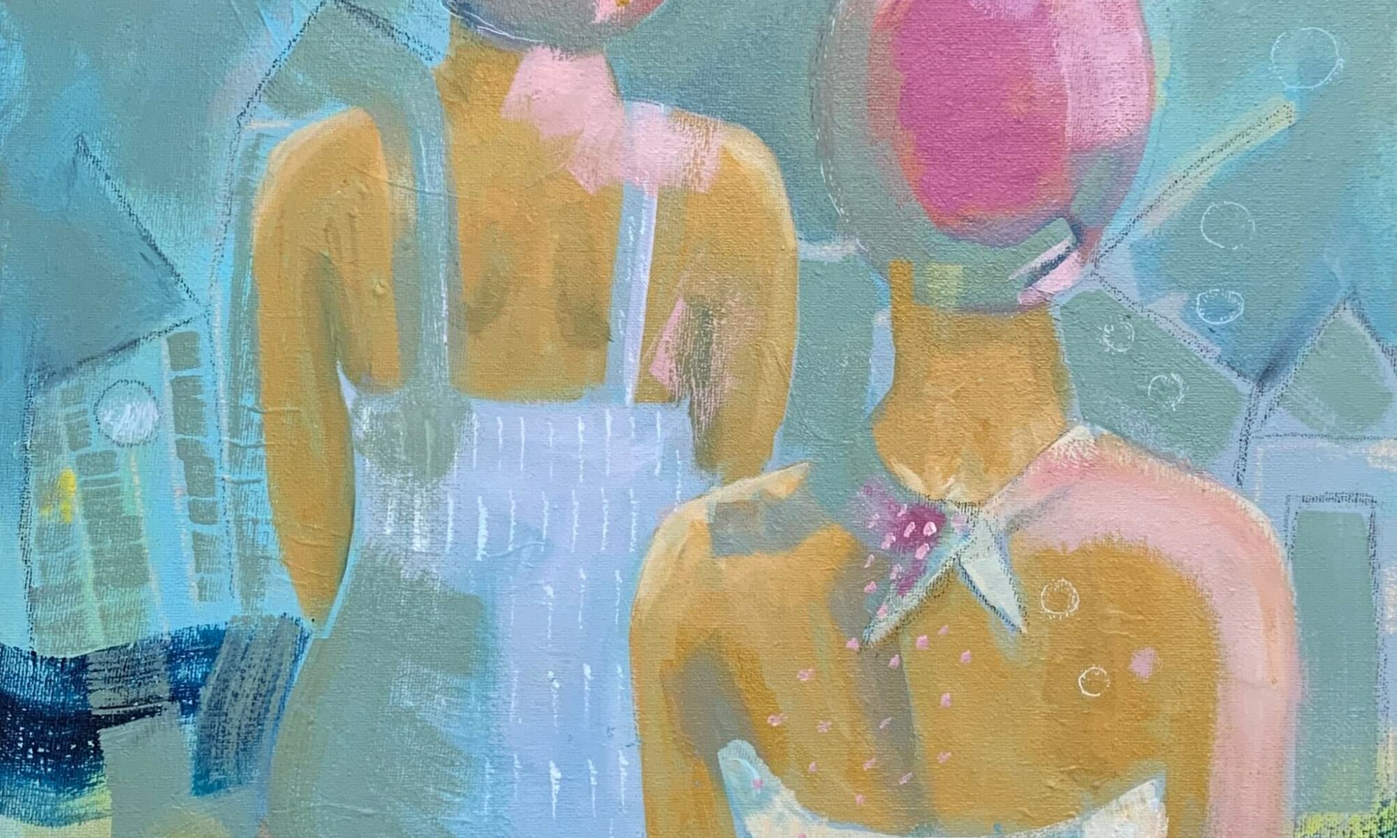 Blue skies and beach huts, yellow and blue painting