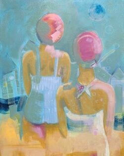 Blue skies and beach huts, yellow and blue painting