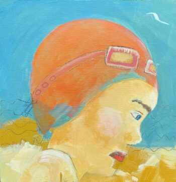 swimmer in red bathing cap