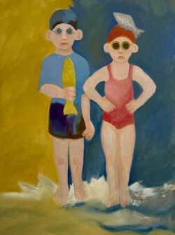 oil painting of boy and girl with fish brightly coloured fun quirky painting