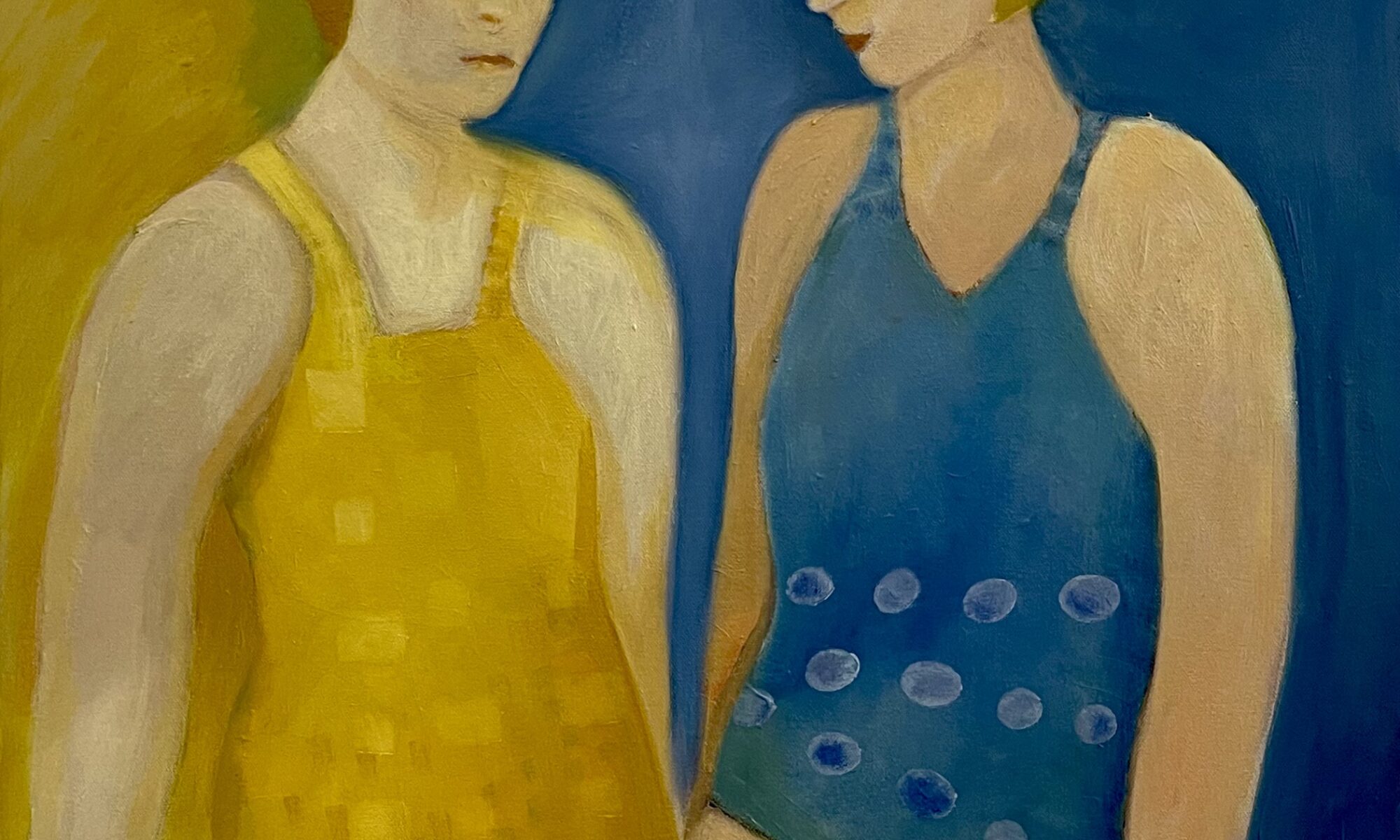 oil painting of two swimmers in yellow and blue on canvas