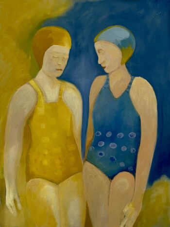 oil painting of two swimmers in yellow and blue on canvas
