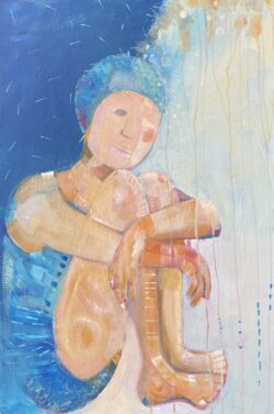 The reluctant swimmer acrylic painting in blues and orange