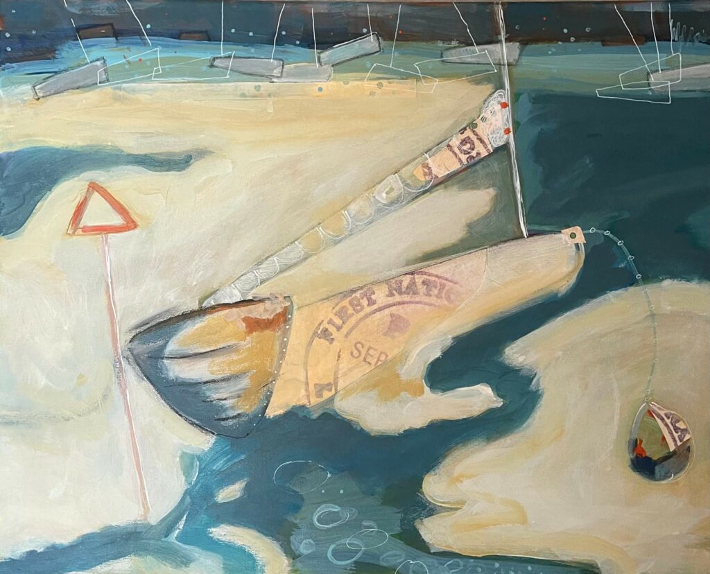mixed media painting lean to the left of abstract sailing boat